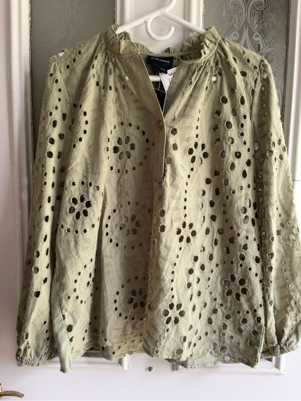 NWT LIV Los Angeles Sage Green Eyelet Embroidered Blouse Size Medium Boutique